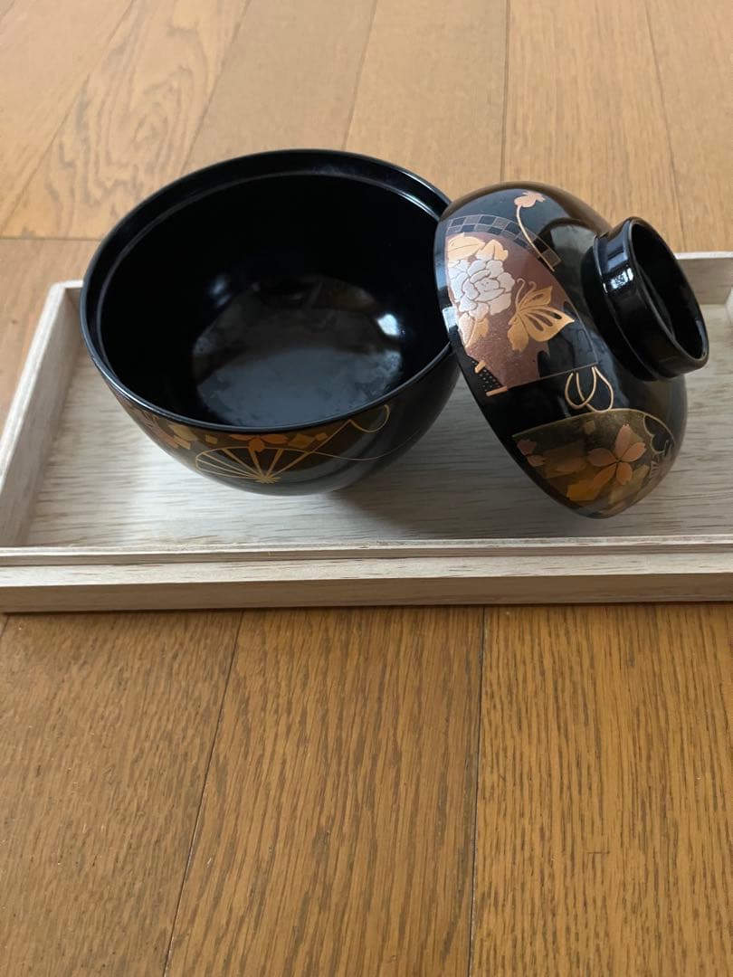 【未使用20客】義三作 姫吸椀セット 扇面霞柄 蓋付 汁椀 木箱入 漆器まとめて