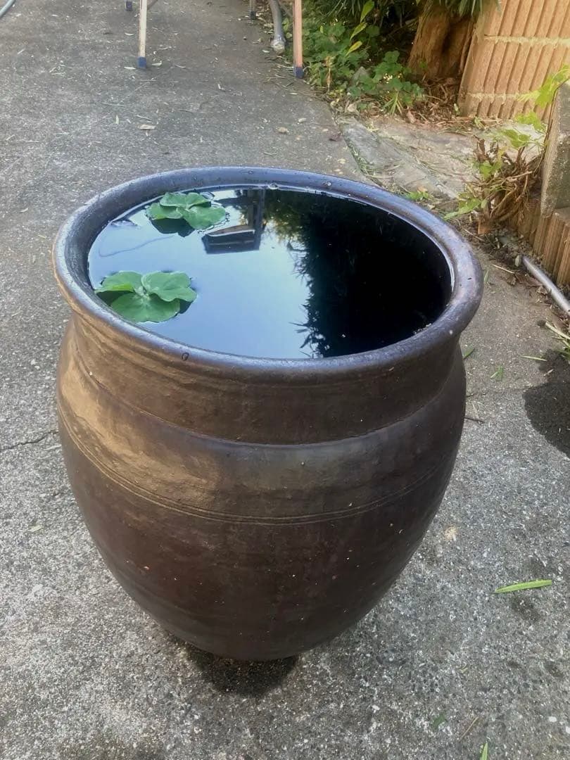 【古民具】大型 渋い黒釉 、ダークブラウン陶器の甕/壺 高さ50cm メダカ鉢