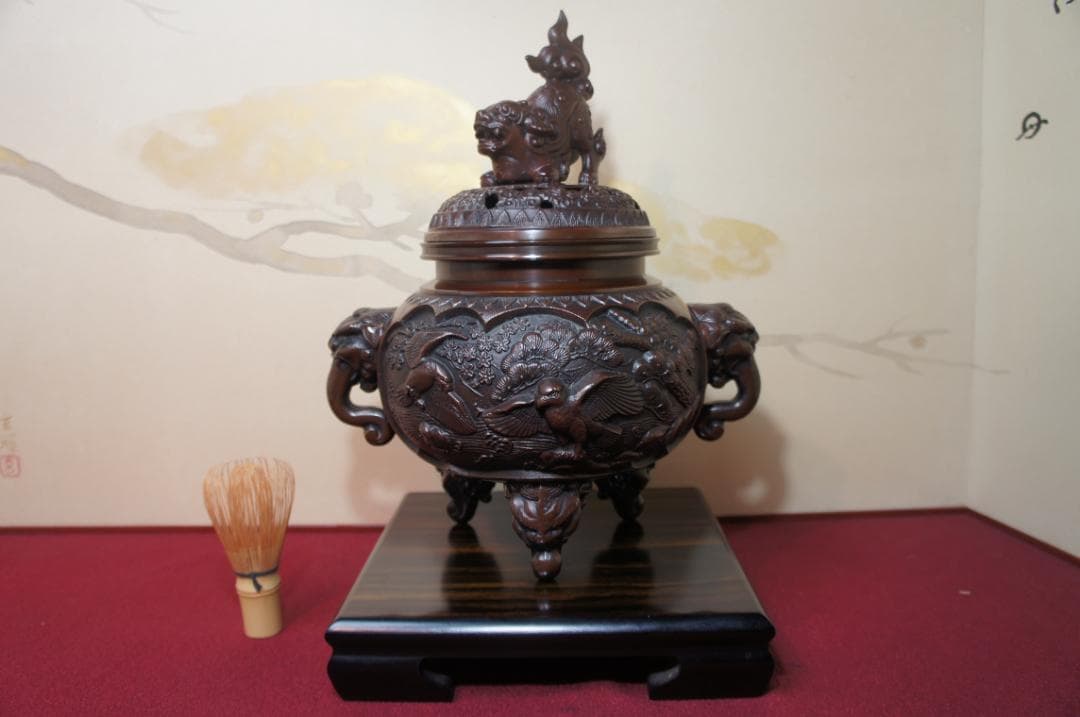 専用★美品 高岡銅器 瑞峰作 新特大 花鳥 高級銅製香炉工芸作家造 送料込み