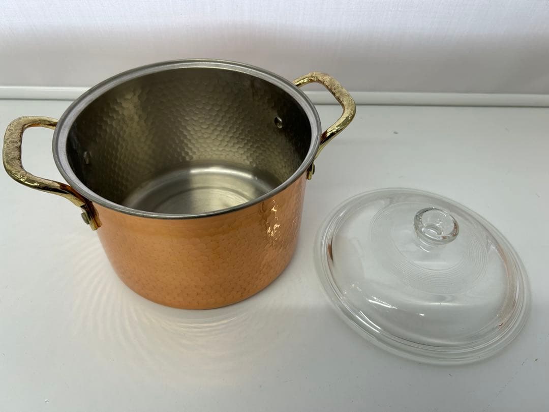 純銅製 おでん鍋/銅製両手鍋　いろり　寸胴鍋 シチューポット　 ガラス蓋付き