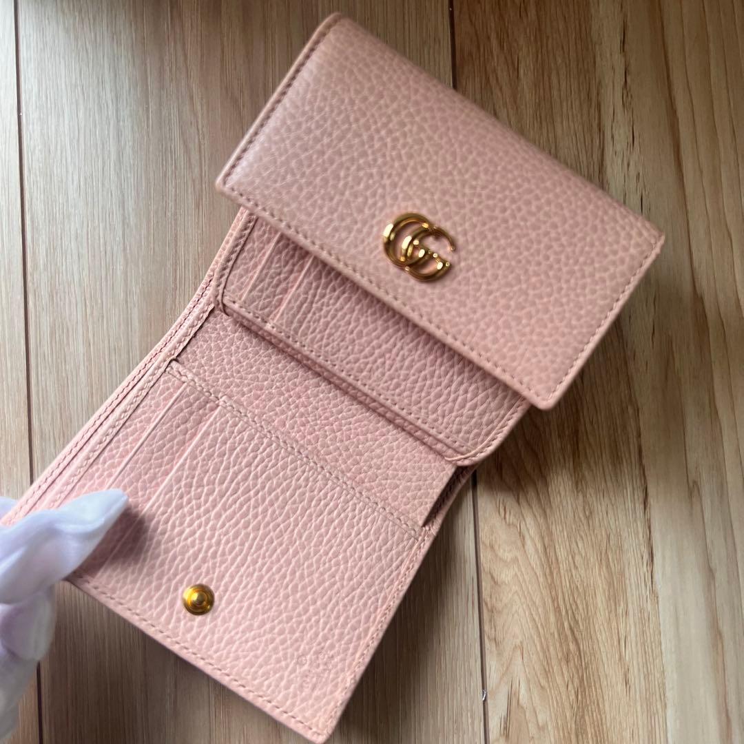 美品！GUCCI グッチGGマーモント 三つ折り財布　ピンクベージュ