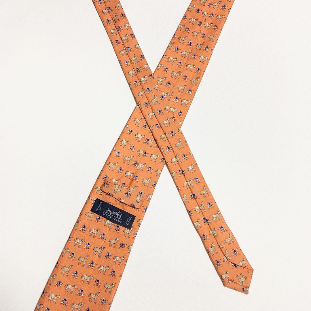 未使用級 エルメス HERMES ネクタイ シルク オレンジ アニマル柄 ホース