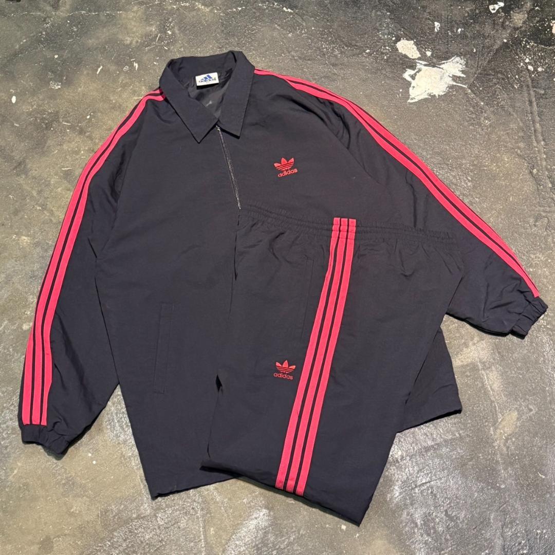 90s adidas トレフォイル刺繍 3ストライプ セットアップジャージM-L