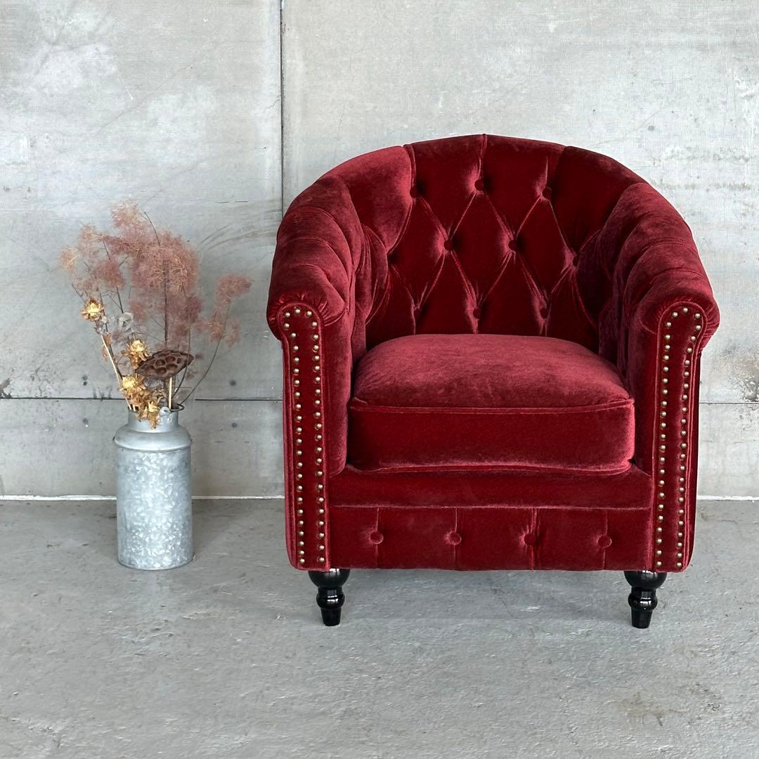 ★VINCENT★チェスターフィールド 1Pソファ ベルベット アンティーク調