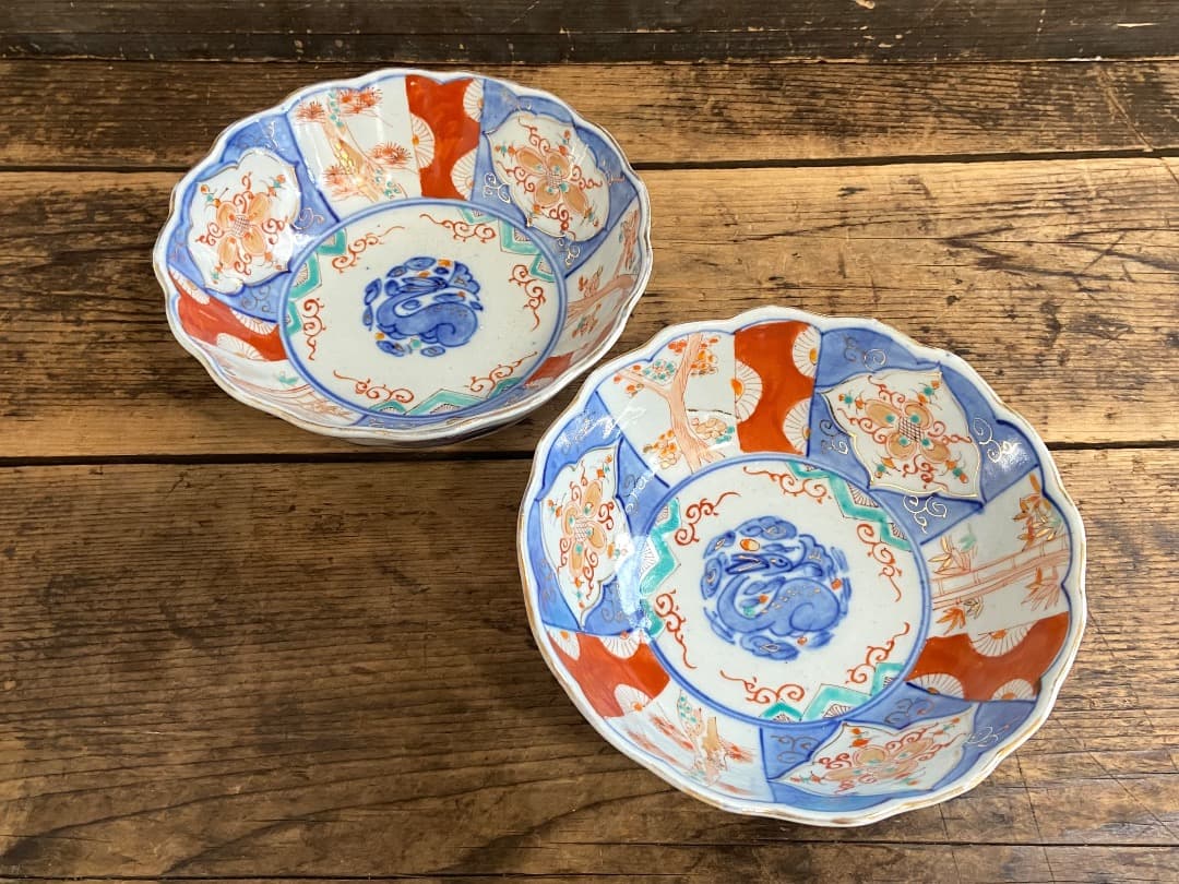 能登蔵出し 時代物 色絵 金彩 クルス窓絵文 輪花 大なます皿 2客/深皿