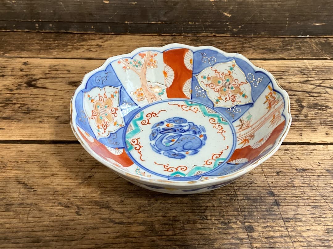 能登蔵出し 時代物 色絵 金彩 クルス窓絵文 輪花 大なます皿 2客/深皿