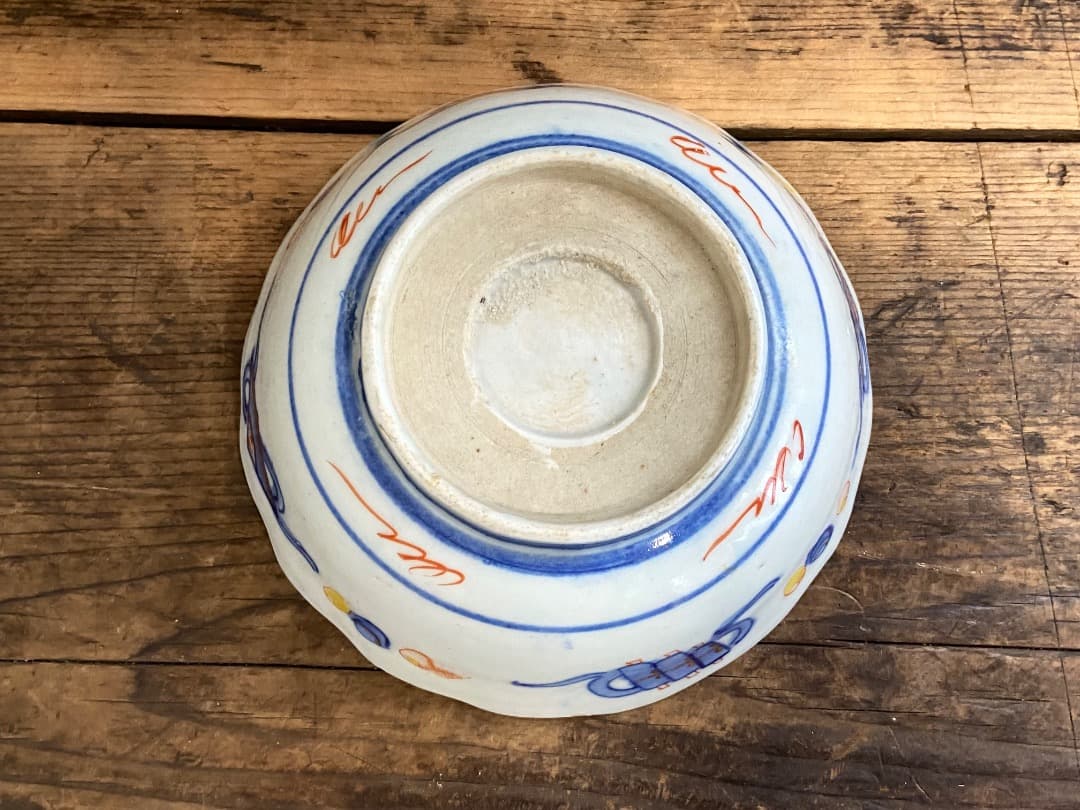 能登蔵出し 時代物 色絵 金彩 クルス窓絵文 輪花 大なます皿 2客/深皿