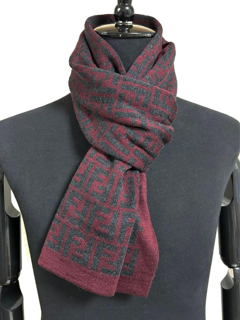 美品 フェンディ FENDI マフラー ウール FF柄 ダークグレーワインレッド