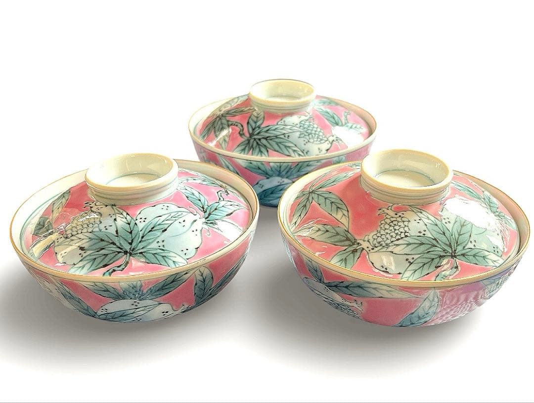 有田焼『桃濃ざくろ絵京平蓋付飯椀』( 大1個・小2個セット)・貞山窯作