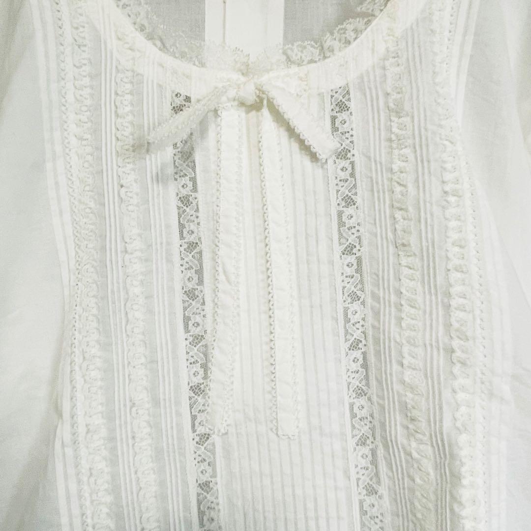 PINK HOUSE 綿レース半袖ブラウス ピンタック リボン パフスリーブ