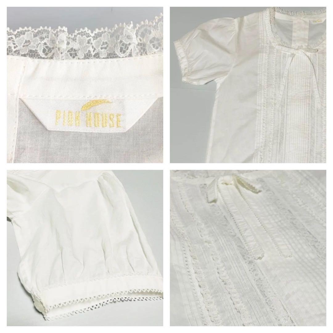 PINK HOUSE 綿レース半袖ブラウス ピンタック リボン パフスリーブ