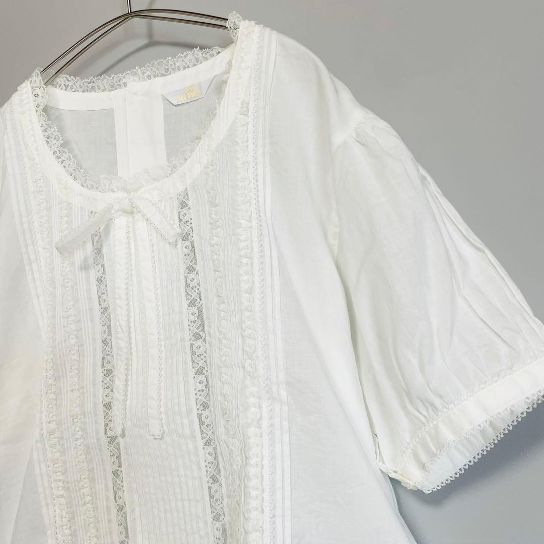 PINK HOUSE 綿レース半袖ブラウス ピンタック リボン パフスリーブ