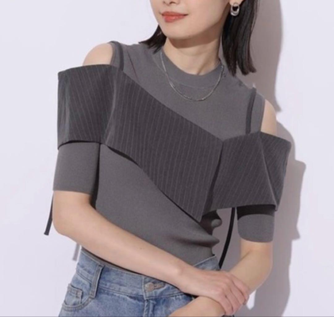 【新品】Mystrada2025 5分袖ビッグカラーニット チャコールグレー