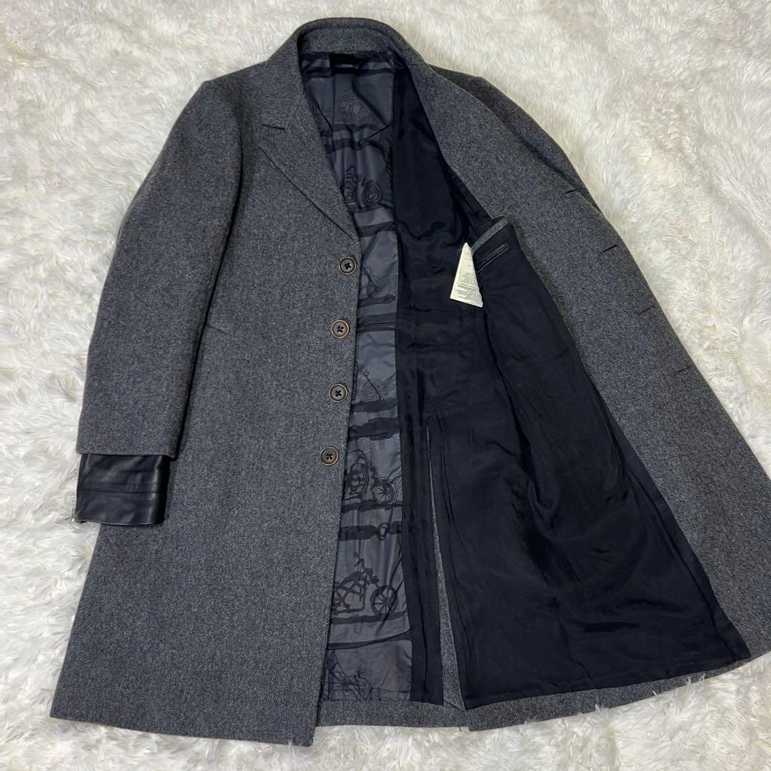 【希少柄✨️】ディーゼルブラックゴールド 裏地総柄 袖レザー チェスターコート