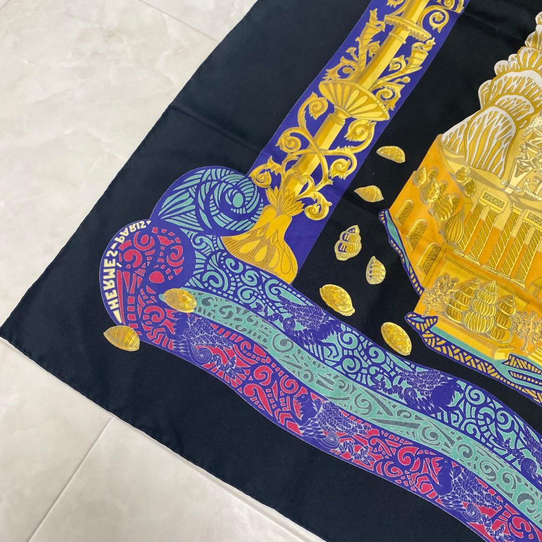 HERMES エルメス カレ90 L'Atlantide 黒ゴールド シルク