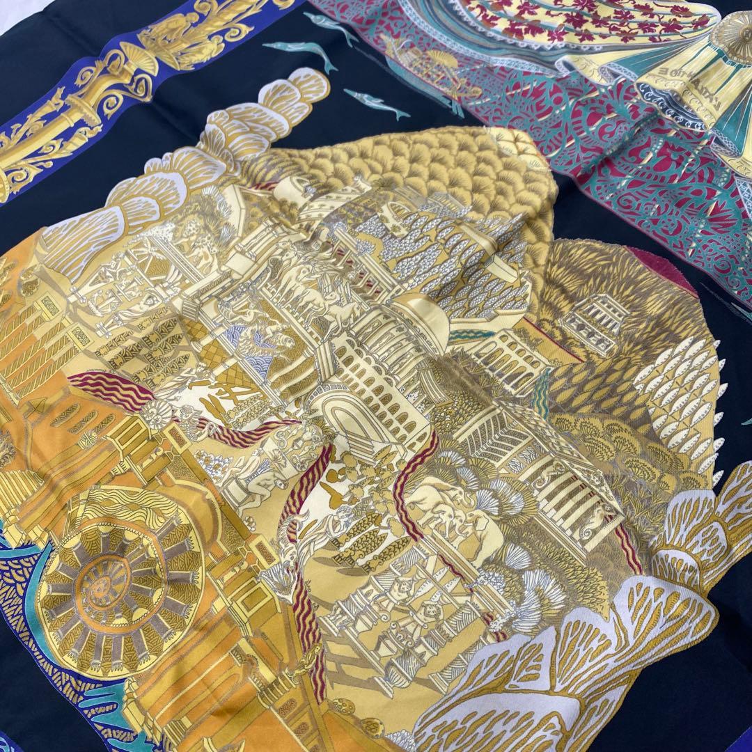 HERMES エルメス カレ90 L'Atlantide 黒ゴールド シルク