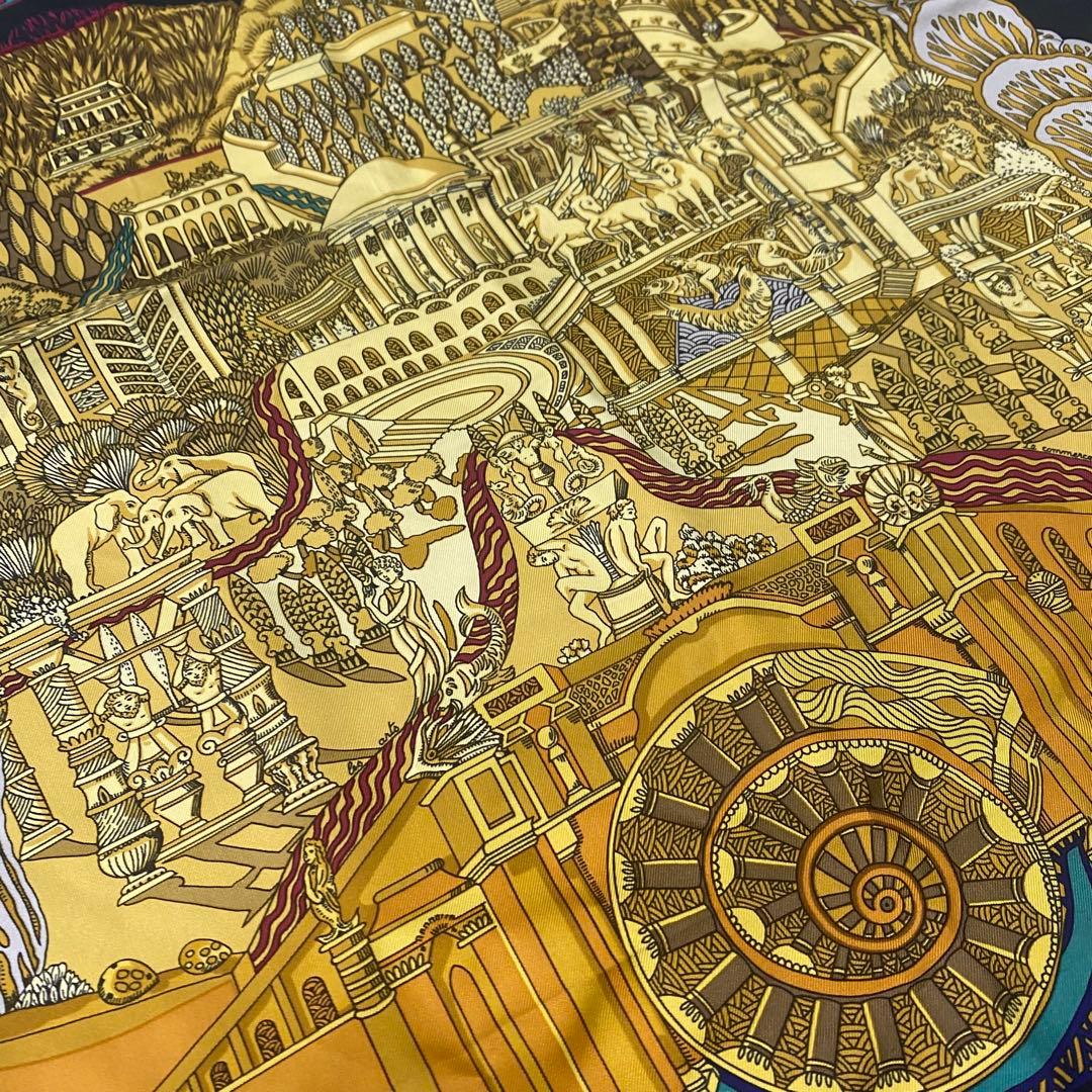 HERMES エルメス カレ90 L'Atlantide 黒ゴールド シルク