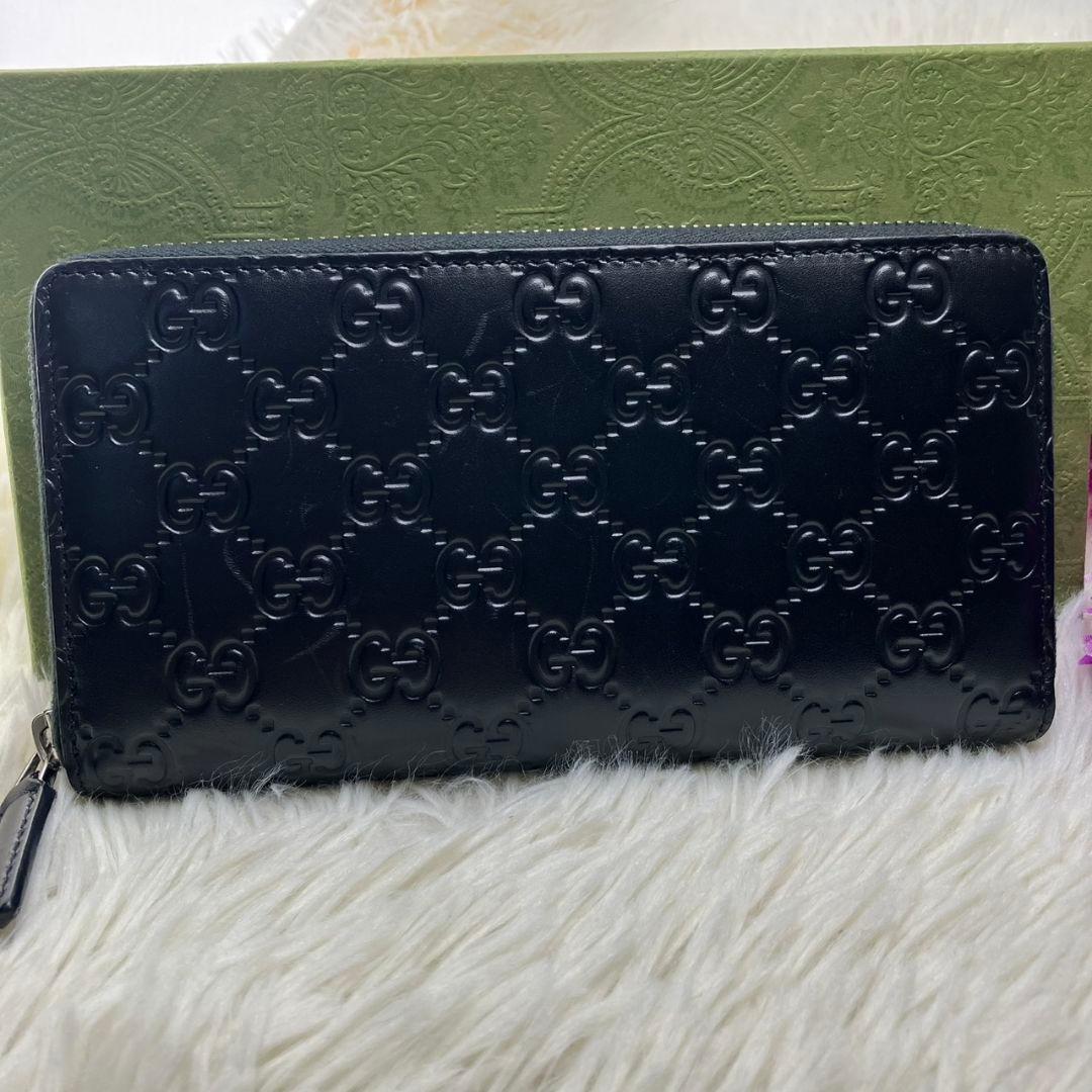 極美品⭐︎グッチ　長財布　ラウンドファスナー　GG柄　シマ　レザー　ブラック　黒