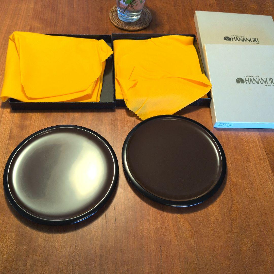 未使用　輪島塗　輪島屋善仁　 花塗り　黒内うるみ塗　ケーキ皿　17cm×2枚