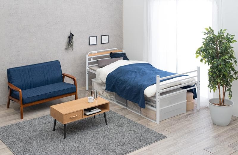 【ホワイト　シングル】 便利な宮棚付きのロングベッド <フレームのみ>