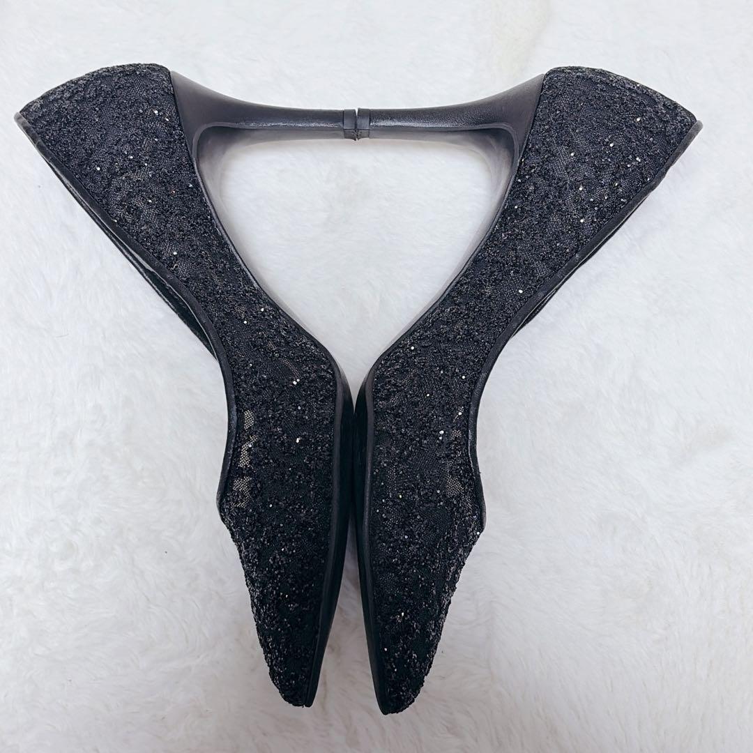 美品 DIANA グリッター ポインテッドトゥ パンプス レース 23cm