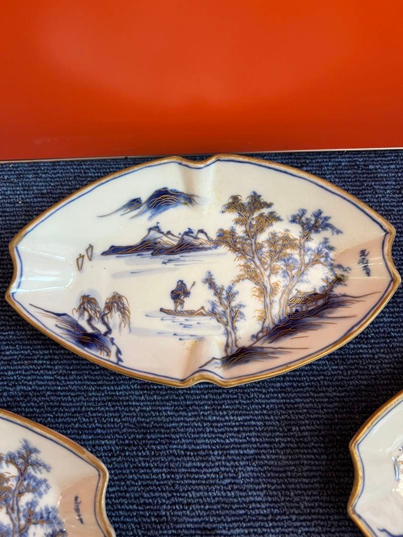 1277  九谷焼　染付山水風景図　皿　5客　時代物