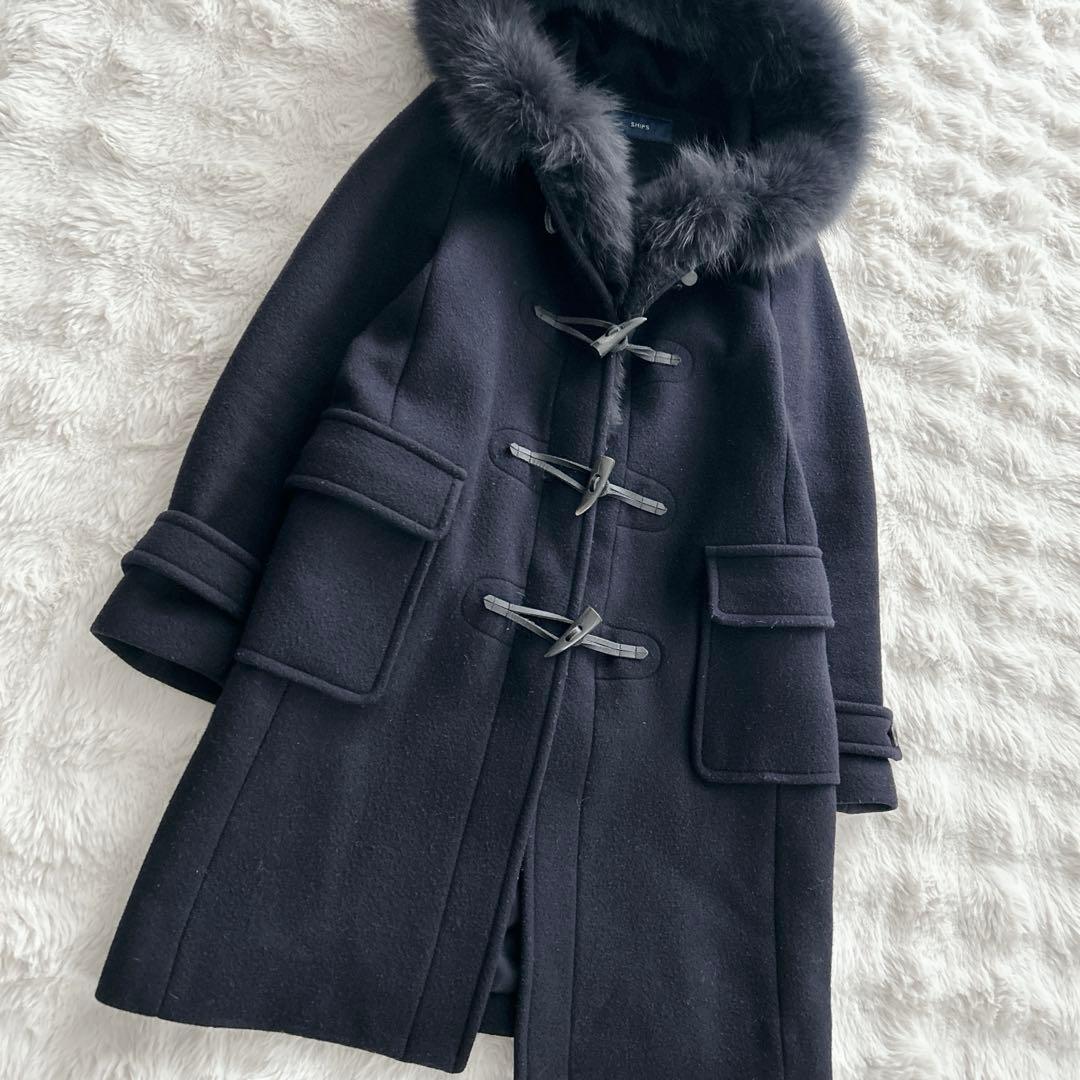 シップス★カシミヤ混　ファーダッフルコート　フォックスファー　2way ネイビー