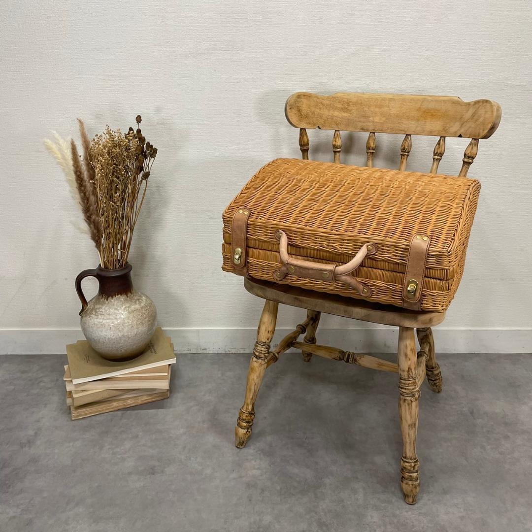 ヴィンテージ ラタン トランク レザー 本革 籐 バスケット レトロ ナチュラル