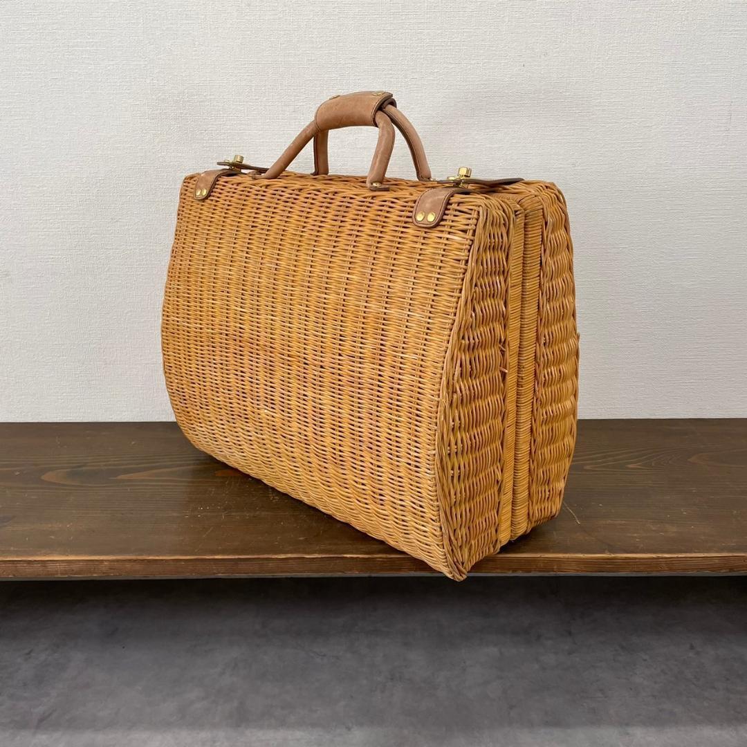 ヴィンテージ ラタン トランク レザー 本革 籐 バスケット レトロ ナチュラル
