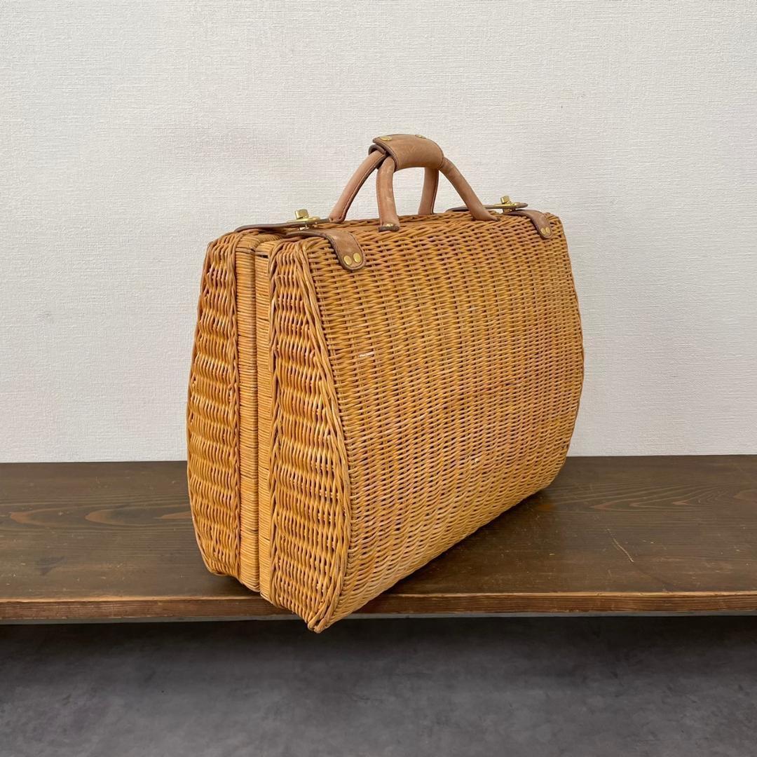 ヴィンテージ ラタン トランク レザー 本革 籐 バスケット レトロ ナチュラル