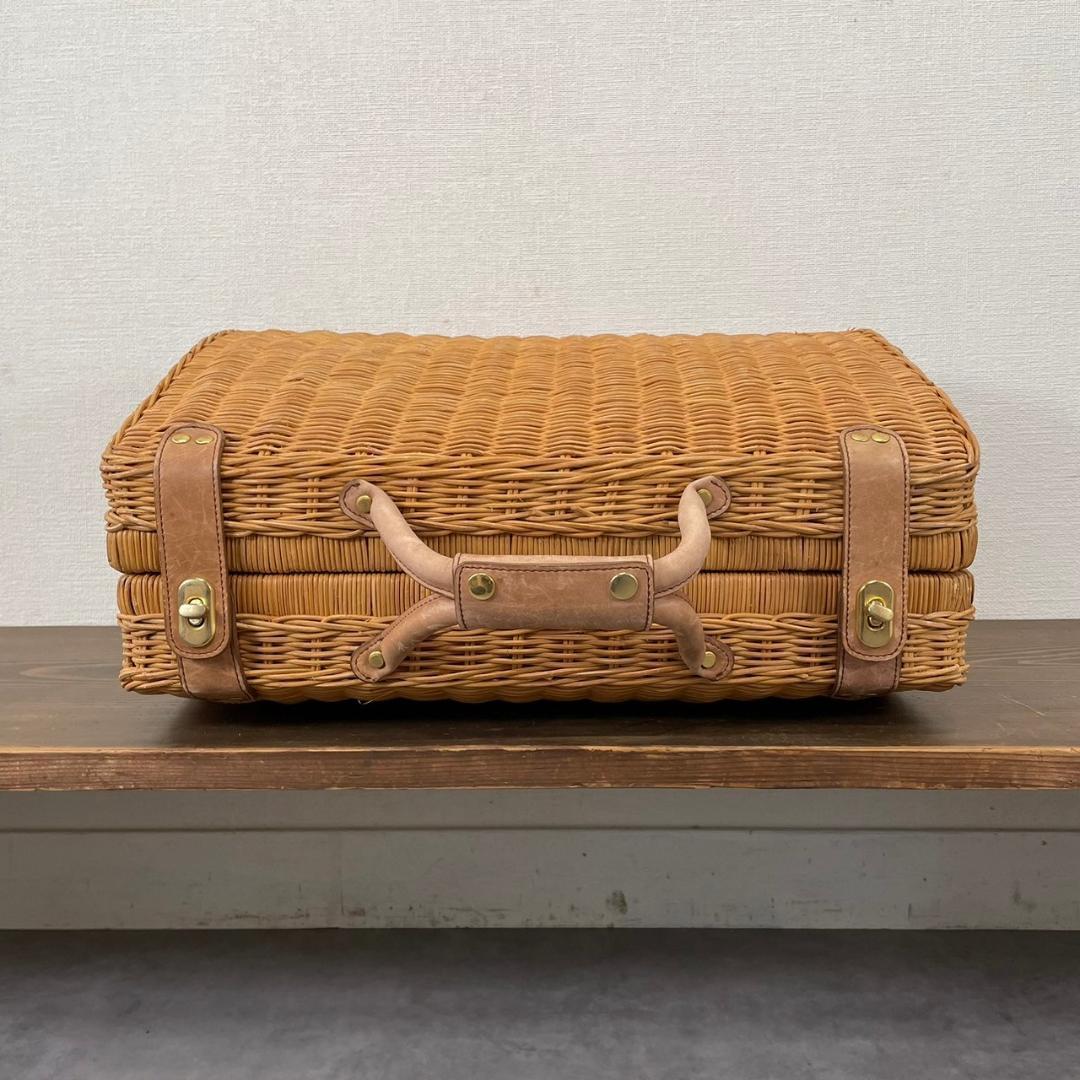 ヴィンテージ ラタン トランク レザー 本革 籐 バスケット レトロ ナチュラル