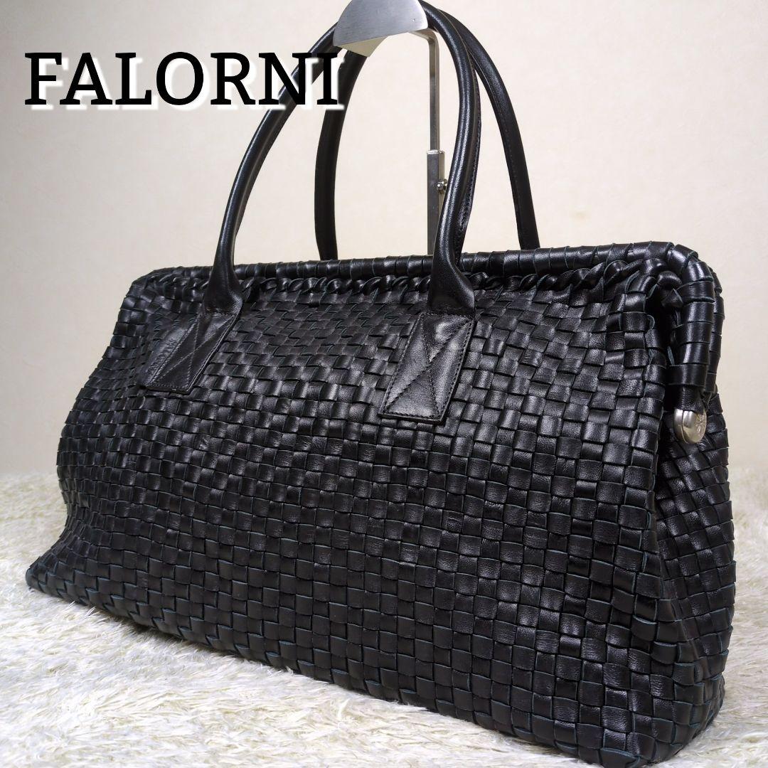 ファロルニ ボストンバッグ イントレチャート レザー ブラック