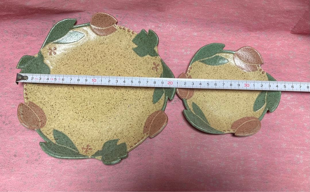 苔色工房　田中遼馬　大皿小皿セット　チューリップ　ミントグリーン・ピンク　新品