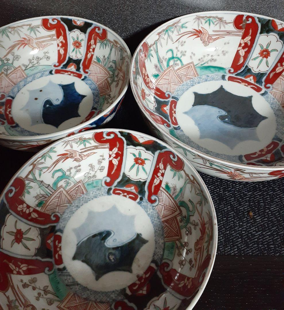 江戸時代末期～明治時代　古伊万里　錦手　竹梅に鳳凰の図　大中小　３つ重鉢　無傷！