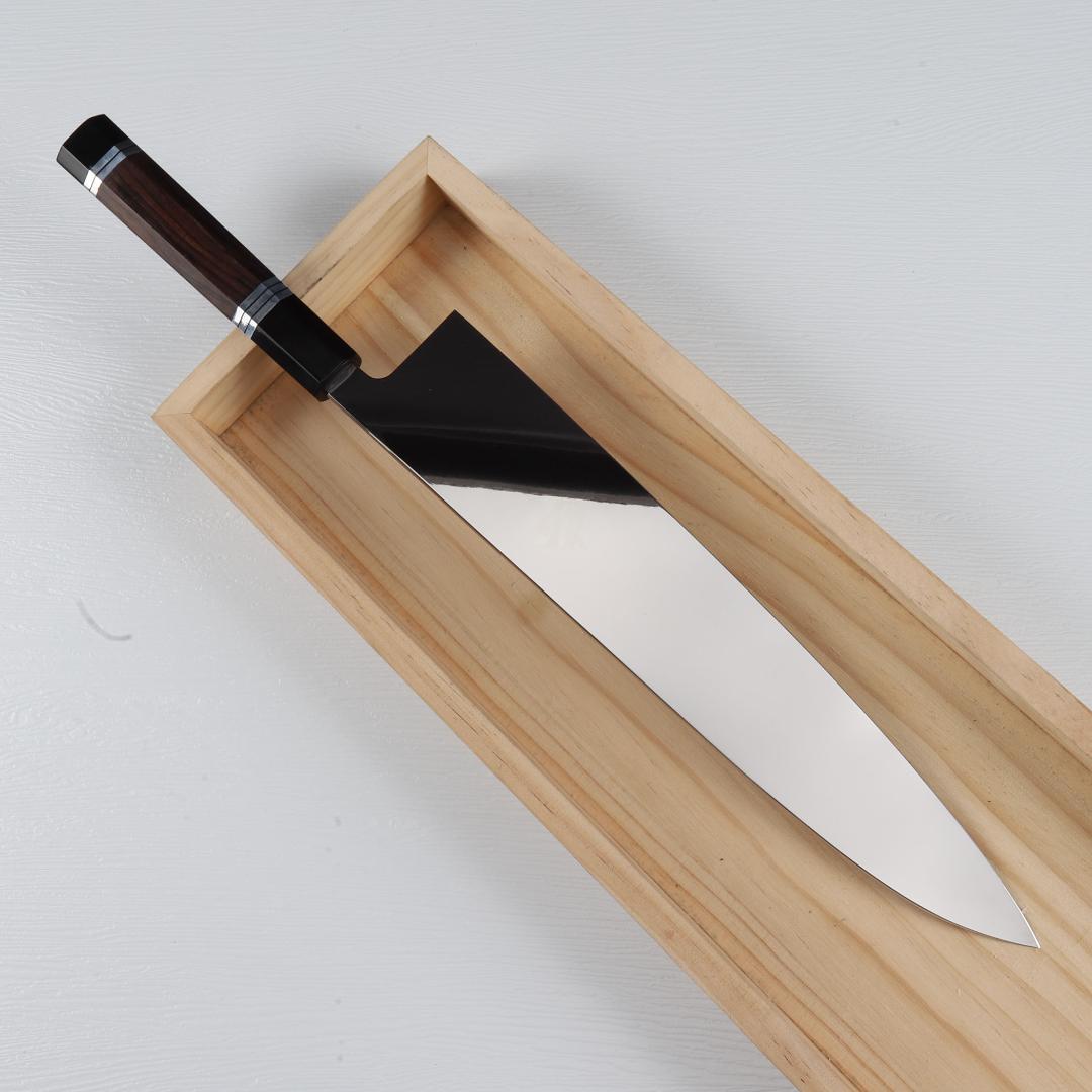 7643 大牛刀 尺 ウルトラ鏡面仕上げ 刺身包丁 両刃包丁 黒檀黒水牛角八角柄