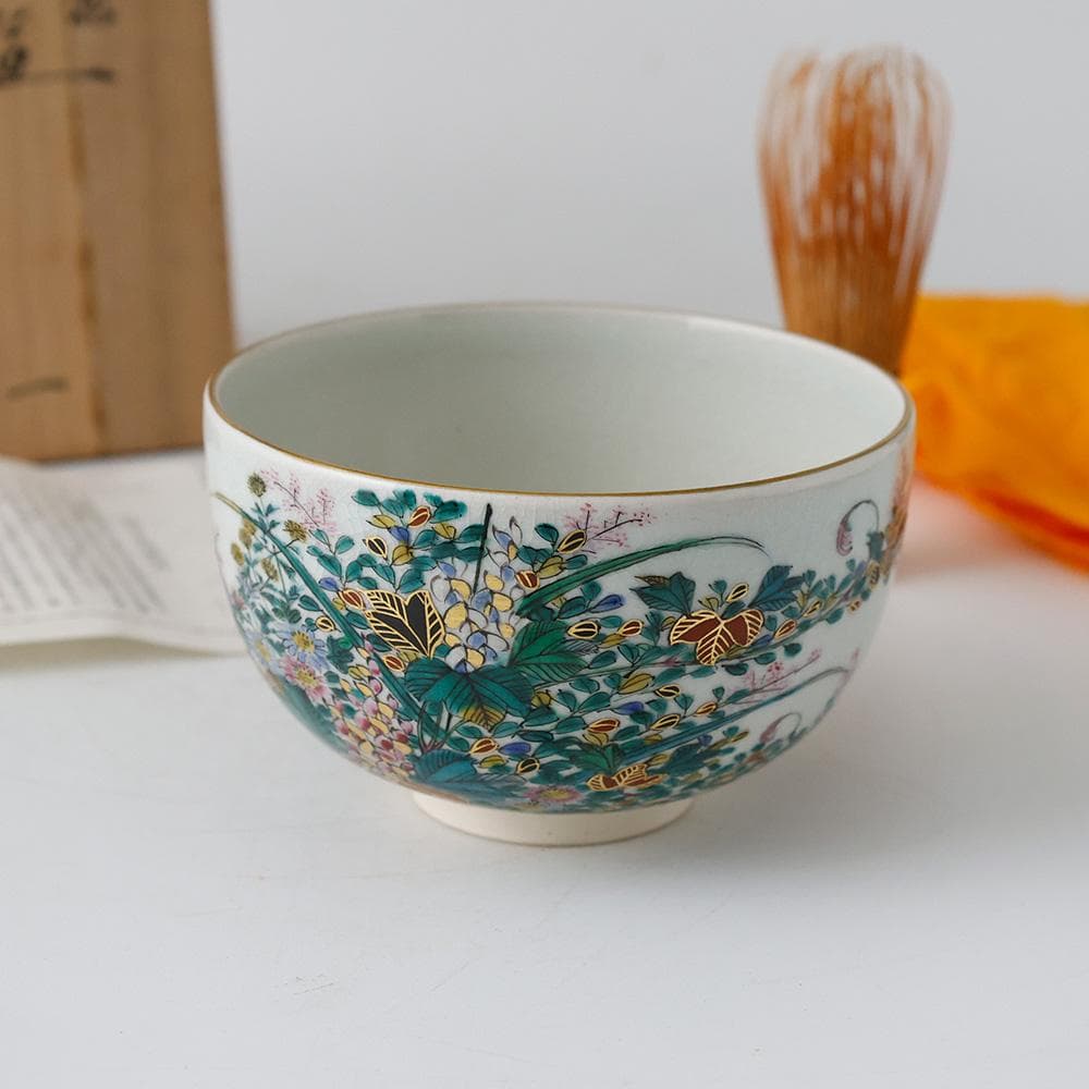 九谷 末川泉山 庄三写 色絵金彩 草花 茶碗 共箱 共布 栞 茶道具