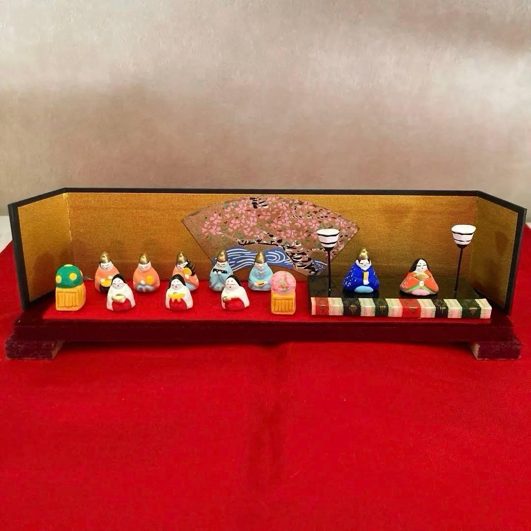 ひな祭り　希少　豆雛　紬の敷物　花入