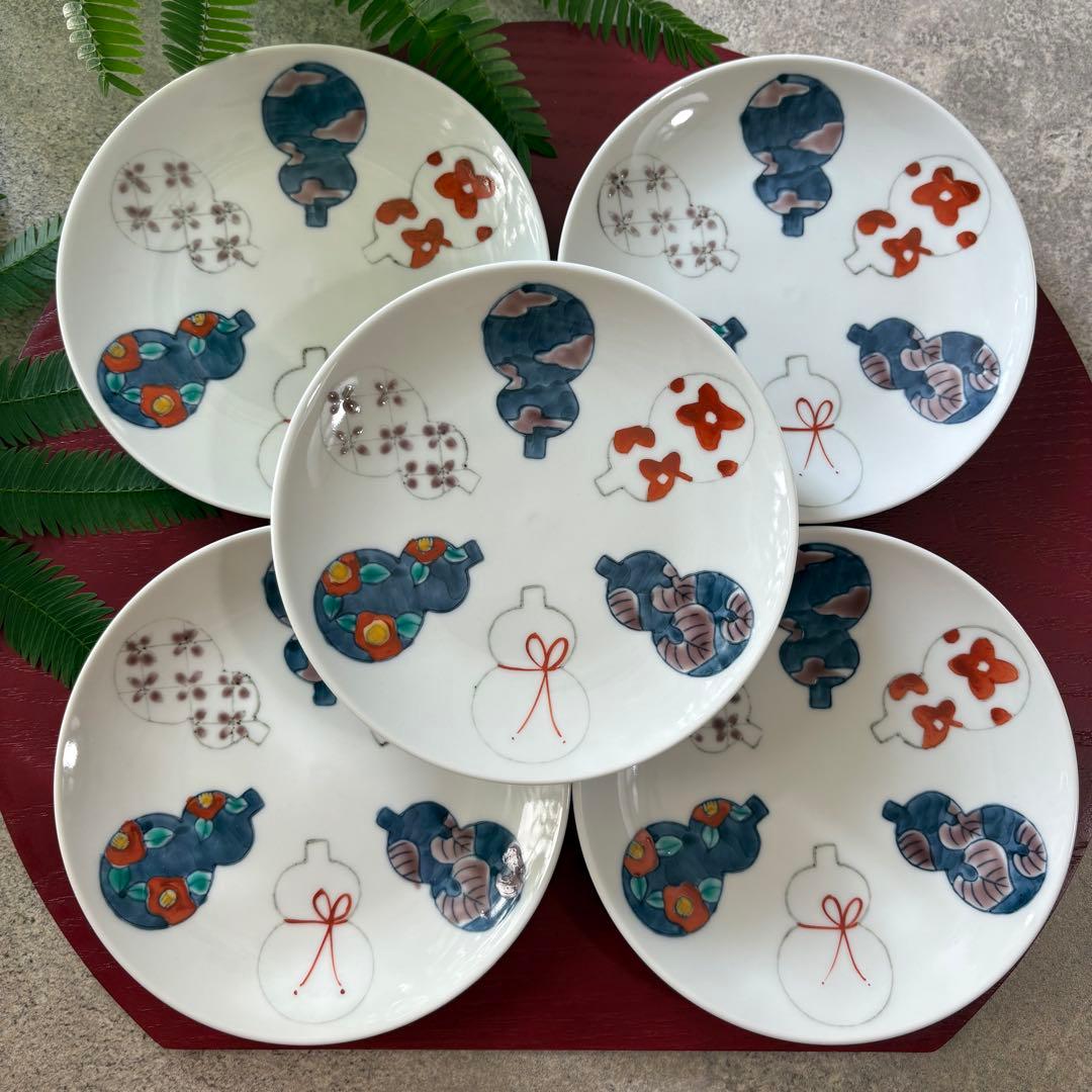 六瓢箪皿　５枚　有田焼　徳七窯　ひょうたん　丸皿　取り皿　銘々皿　和食器　手描き