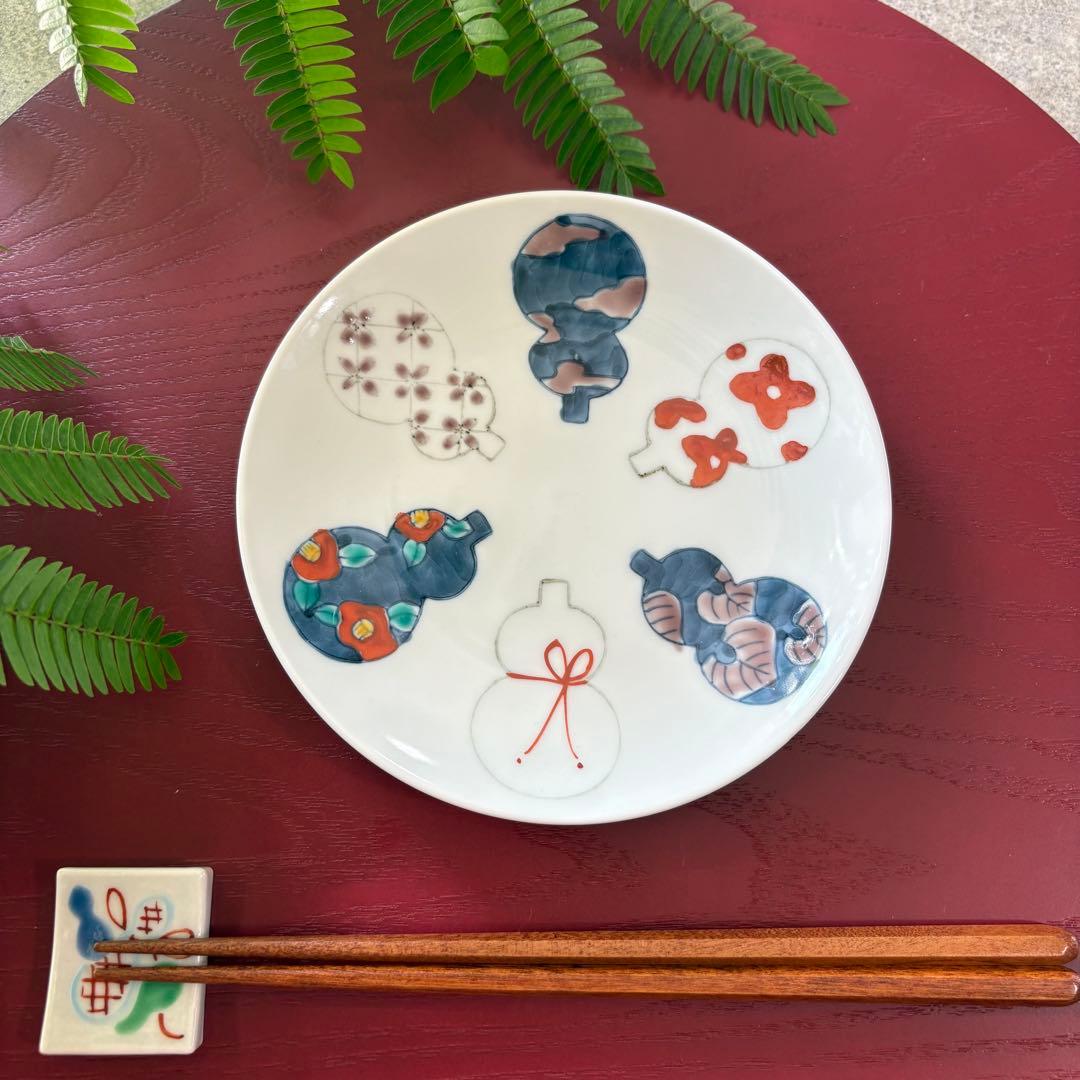 六瓢箪皿　５枚　有田焼　徳七窯　ひょうたん　丸皿　取り皿　銘々皿　和食器　手描き