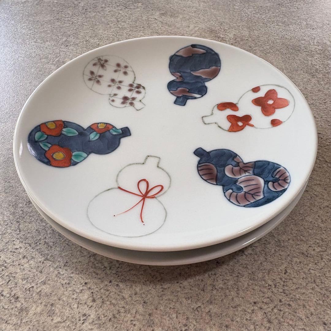 六瓢箪皿　５枚　有田焼　徳七窯　ひょうたん　丸皿　取り皿　銘々皿　和食器　手描き