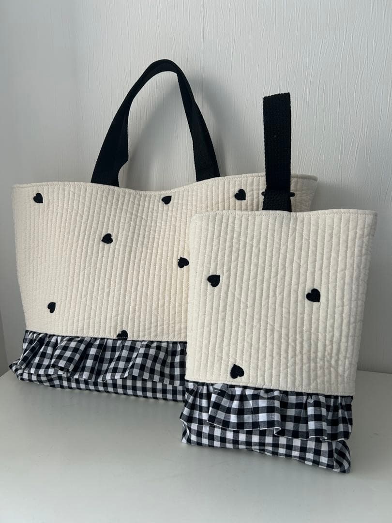 マキブんブんギンガムチェックフリル　ヌビハート生地　レッスンバックセット