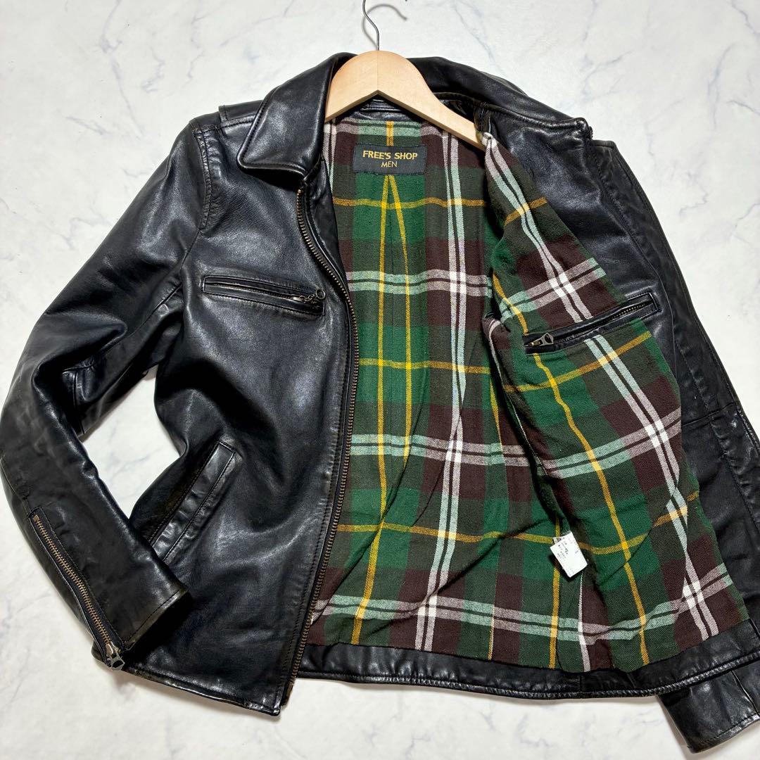 希少✨VINTAGE 馬革 ホースハイド シングルライダース チェック 黒 S