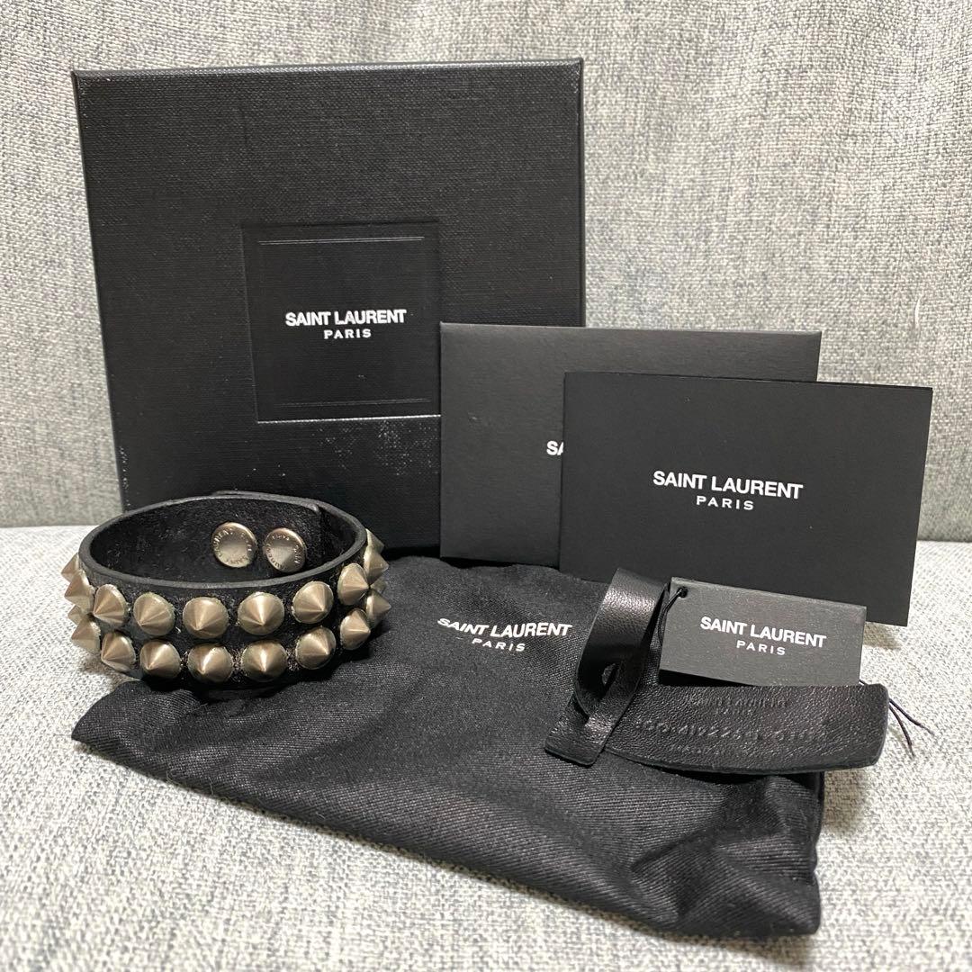 本物 正規品 サンローラン メンズ レザー バングル ブレスレット スタッズ 黒