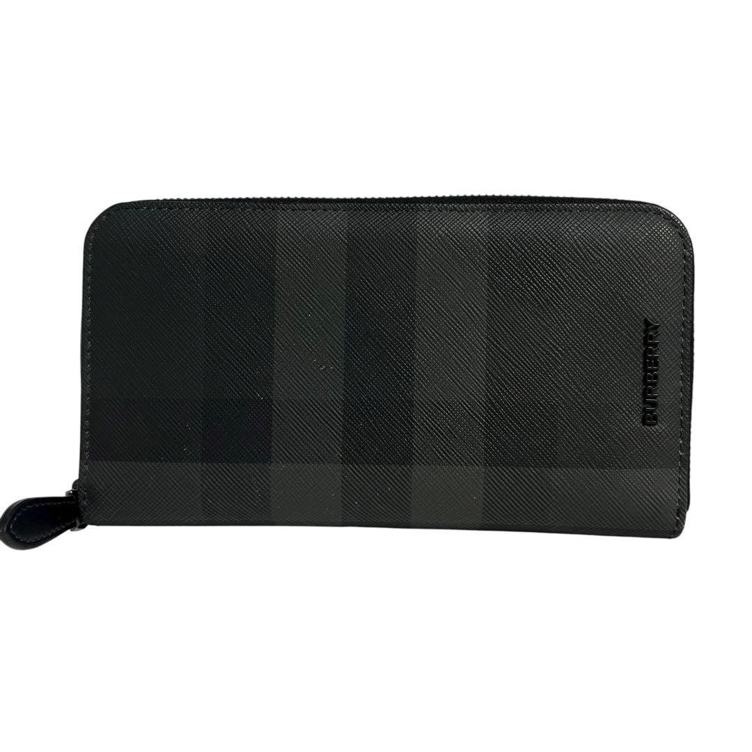 レア✨バーバリー 長財布 ラウンドファスナー チャコール スモークドチェック 黒