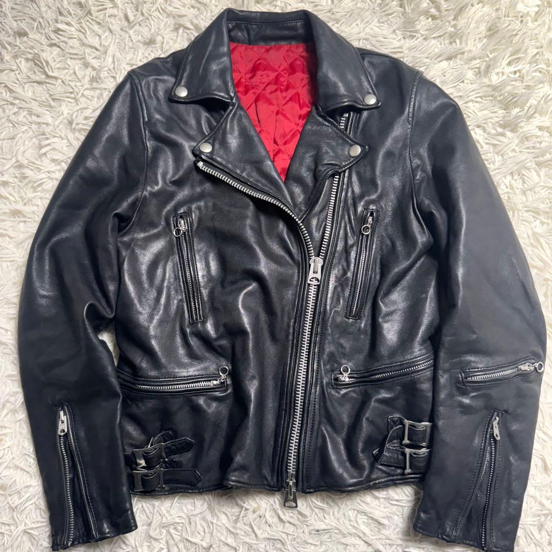 羊革 ダブルライダース 黒×赤 キルティング　y2k ロックテイスト　レディース