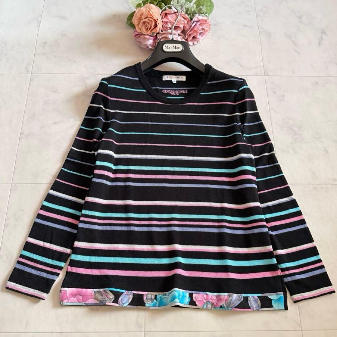 極美品★レオナール マルチボーダーニット セーター 花柄 トリム ブラック 40