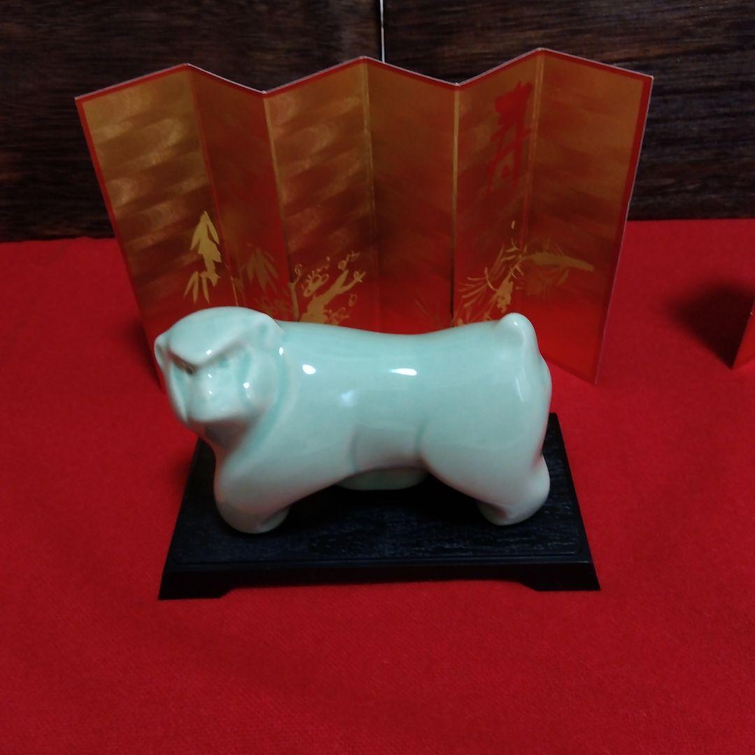 新品未使用玉善 干支の置物7個 台座付 金屏風 午 ひつじ猿 犬 ねずみ 牛