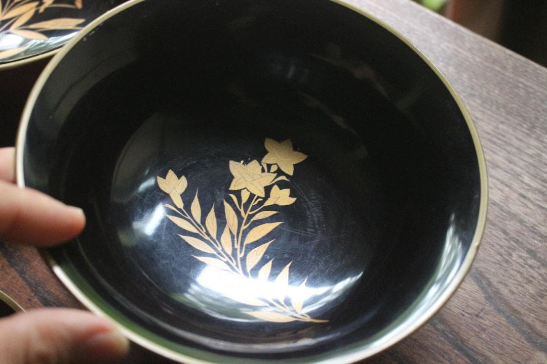 時代朱漆に内見返絵替わり草花蒔絵のお椀5点（検輪島塗蒔絵椀雑煮椀