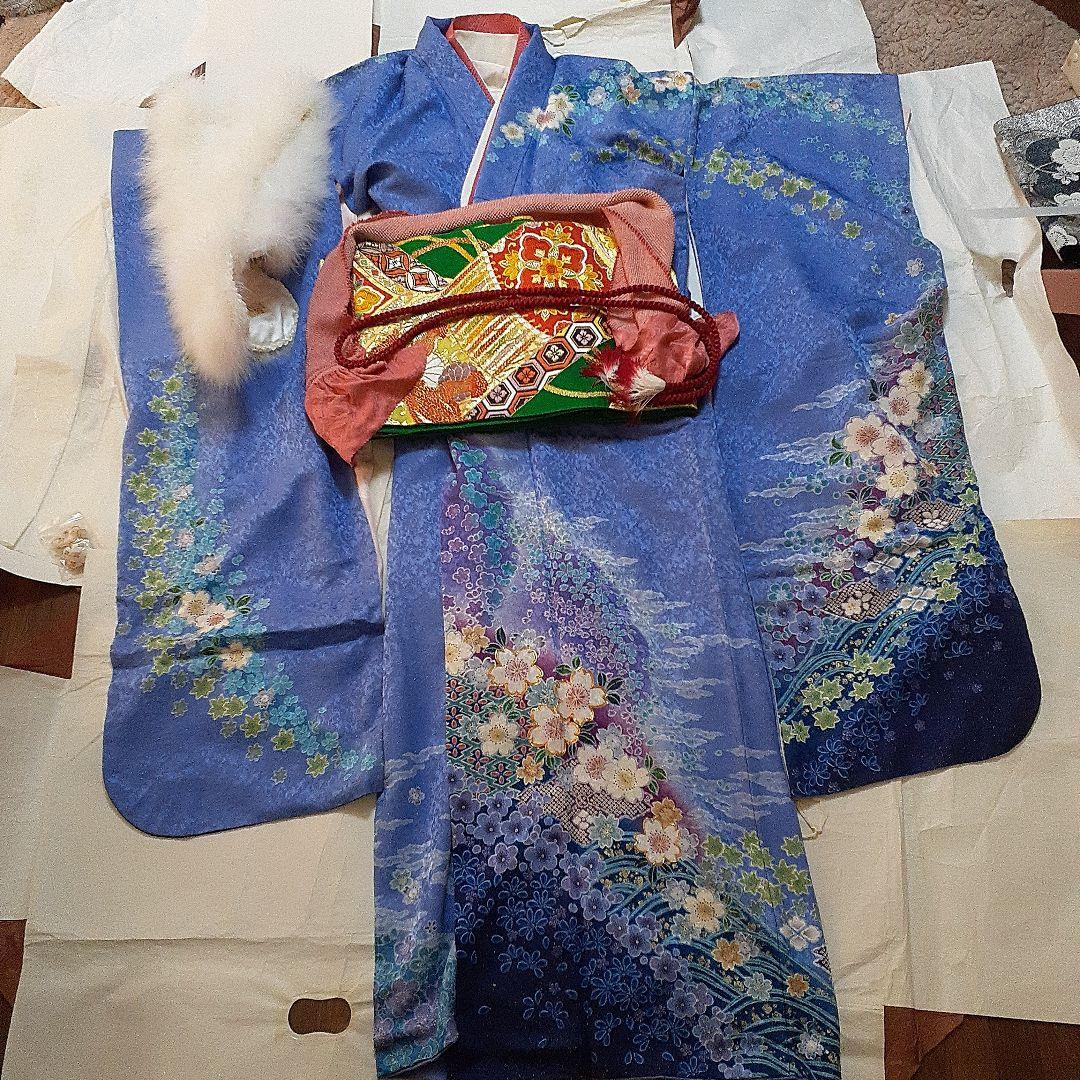 青色　花柄絹振り袖と小物セット　全部で１3点