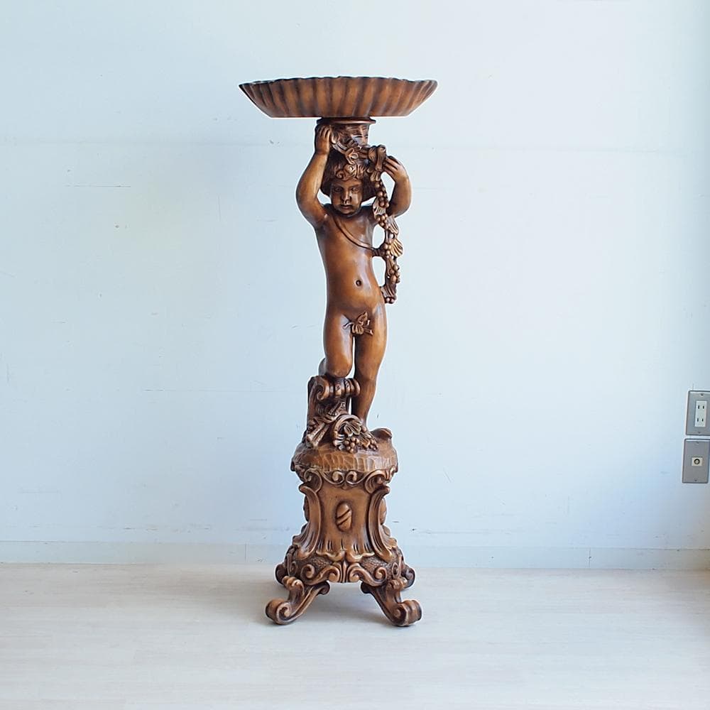 木彫り 天使 フラワースタンド 花台 彫刻 高さ128cm